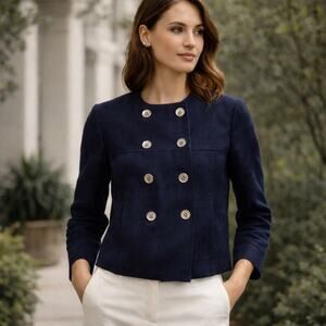 LAUREN RALPH LAUREN Linen Blazer Womens 6P Navy Blue Double Breasted Nautical